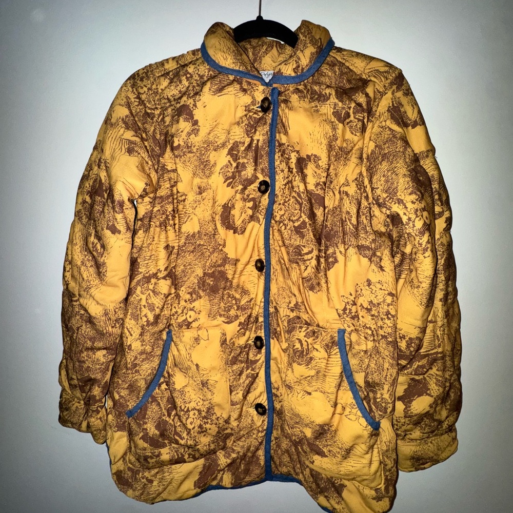 Mustard Printed Quilted Jacket with Denim Trim | Size M